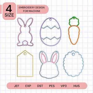 May include: An embroidery design for machine featuring six Easter-themed outlines: a bunny, an egg, a carrot, a tag, a bunny head, and a scalloped tag. The design includes the text "4 SIZE" and "EMBROIDERY DESIGN FOR MACHINE".