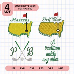 May include: Embroidery design for machine featuring four golf-themed designs. Includes a yellow map of the USA with a red flag, the words "Masters" and "Golf Club", crossed golf clubs, a golf ball, and the text "A tradition unlike any other."