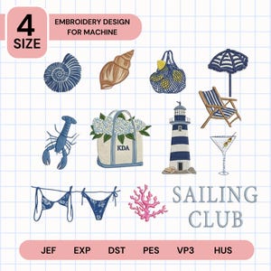 Puede incluir: Un conjunto de diseños de bordado con elementos náuticos, como conchas marinas, una langosta, un faro y un bikini. El diseño incluye el texto "SAILING CLUB" y "EMBROIDERY DESIGN FOR MACHINE". La paleta de colores incluye azules, beiges y rosas.