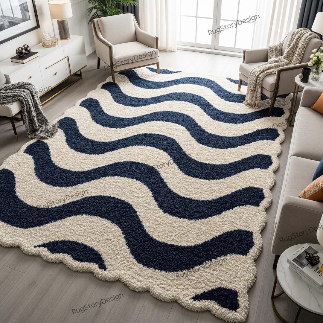 Navy Blue Ivory Wavy Abstract Hand Tufted Wool Rug, Modern Scalloped ...