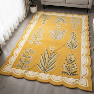 Mustard Yellow Off White Hand Tufted Botanical Wool Rugs For Living Room 8x10, Modern Scalloped Border Area Bedroom Rug, Handmade Carpet