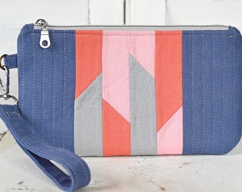 Quilted Linen Wristlet- Blue & Pink/Orange