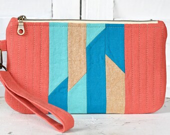 Quilted Linen Wristlet- Orange & Blue