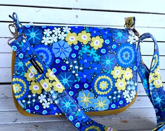 Hipster Messenger Bag-- Blue & Gold Bloom Floral