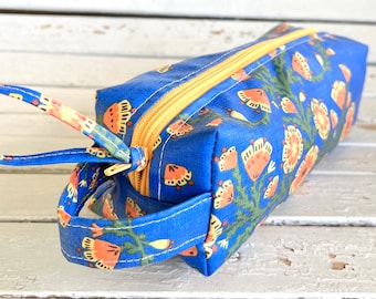 Pencil Case- Blue & Orange Poppy