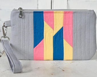 Quilted Linen Wristlet- Gray & Pink/Yellow/Blue