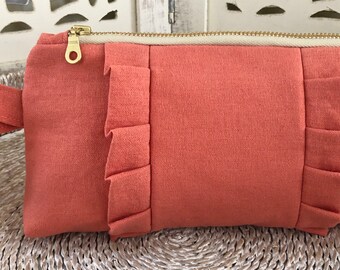 Ruffled Clutch- Coral Linen