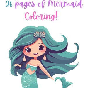 Kids Mermaid Coloring Book, 26 pages mermaid coloring book, big picture coloring book, mermaid digital coloring book,