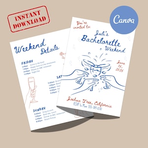 Hand Drawn Style Bachelorette Invitation & Itinerary Template | Downloadable Bachelorette Party Invite, Handwritten Bachelorette Invite