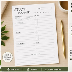 May include: A study planner with the title "Study Planner" in black. The planner includes sections for study hours, a time table, and goals. The image also shows a gold pen and a cup of coffee. The planner is A4 size.