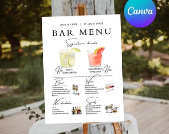 Wedding Bar Menu Sign Template, Signature Drinks Canva (Instant Download)