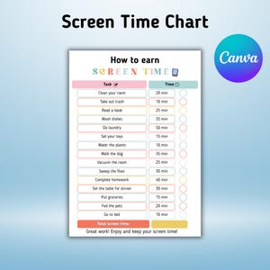 May include: A colorful screen time chart with a list of tasks and time allotments. The chart includes tasks like cleaning a room, reading, and doing laundry. The text "Screen Time Chart" is at the top.