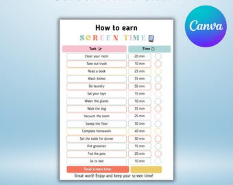 Kids Screen Time Checklist | Kids Chore Chart, Reward System (Digital Download)