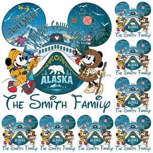 May include: A Disney Cruise Line Alaska design featuring Mickey and Minnie Mouse in winter attire. The design includes a cruise ship, mountains, and the text "Disney Adventure" and "The Smith Family".