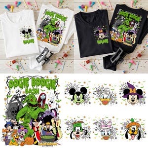 May include: White and black t-shirts featuring Oogie Boogie Bash graphics. The designs include Disney characters, spiderwebs, and the text Oogie Boogie Bash California Adventure. Some shirts show a single character head with a spiderweb and name.