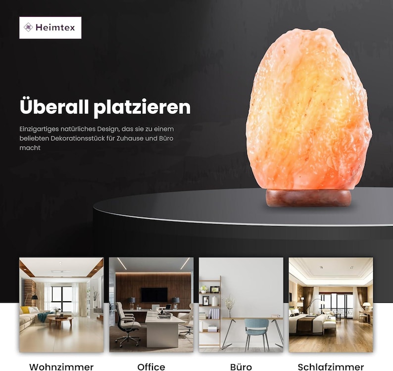 Peut inclure: Une lampe de sel de l'Himalaya avec une lueur orange chaude, pos&eacute;e sur une base sombre. La lampe est un design naturel et unique. Le texte sur l'image se lit "&Uuml;berall platzieren" et "Einzigartiges nat&uuml;rliches Design, das sie zu einem beliebten Dekorationsst&uuml;ck f&uuml;r Zuhause und B&uuml;ro macht."