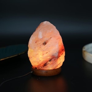 Peut inclure: Une lampe de sel de l'Himalaya. La lampe est une grosse pierre de couleur rose-orang&eacute;, d&eacute;gageant une lumi&egrave;re ambr&eacute;e chaude. Elle repose sur une petite base ronde en bois, avec un cordon d'alimentation noir.