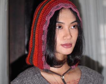 Aunt Multicolor Crochet Hooded Bonnet | Adjustable Stainless Accent, Bohemian Headwear - Red