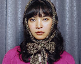 Toto Crochet Striped Headscarf Bonnet with Bow Tie Earmuffs – Handmade Cozy Winter Hat | Brown
