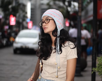 Crochet Bonnet with Wooden Beads – Boho Beach Festival Headscarf