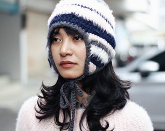 Pepper Crochet Brushed Bonnet - Soft Handmade Cotton Blend Hat, Cozy Beanie | Navy Pink