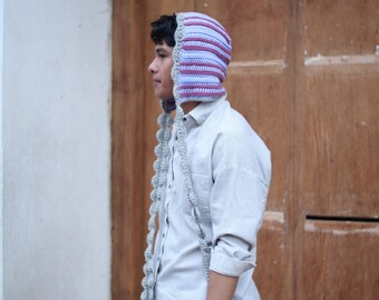 Jenn Hood Bonnet with Long Clams Strap – Handmade Cotton Wool Blend Winter Hat - Purple