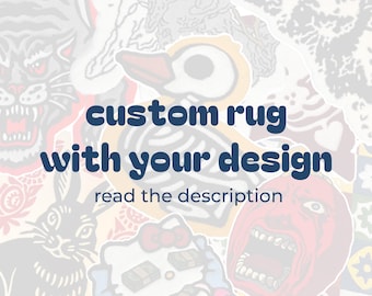 May include: Image of a collection of colorful, sticker-like designs, including a duck, a rabbit, and a red face. Text in the center reads "custom rug with your design" and "read the description".