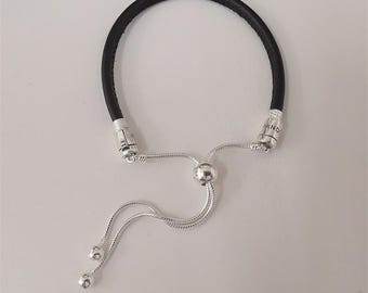 Pulsera Pandora ajustable deslizante de cuero negro de ley