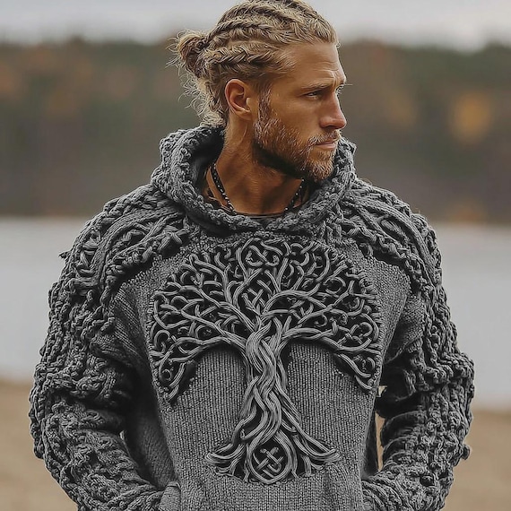 Men's Viking Celtic Knot Tree of Life Knitted Warm Hooded Sweater