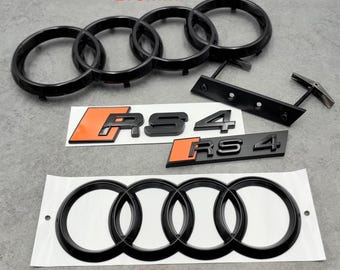 Audi RS4 SET Premium noir brillant\orange, anneaux avant de 273 mm, anneaux arrière de 192 mm et emblèmes de calandre et arrière RS4 Résistant aux intempéries New Look