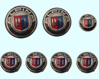 BMW Alpina Emblems 82 mm vorne 74 mm hinten 45 mm Lenkrad und 4 x 56 mm Radkappen Abzeichen 7er Set Lenkung und Räder Haube Stamm neu