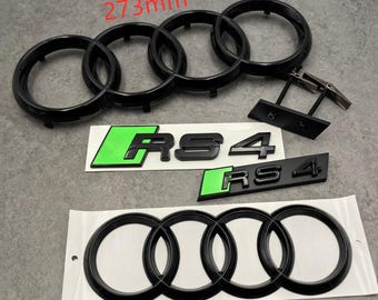 Audi RS4 SET Premium noir brillant\vert emblème anneaux avant de 273 mm et anneaux arrière de 192 mm et emblèmes arrière et calandre RS4 Résistant aux intempéries New Look