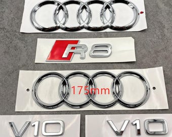 Kit de emblemas cromados Audi R8 con aros delanteros de 175 mm y traseros de 192 mm, insignia trasera R8 y emblemas de guardabarros V10, 5 piezas, estilo OEM Premium