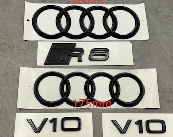 Kit de emblemas Audi R8 negro brillante con aros delanteros de 175 mm y traseros de 192 mm, insignia trasera R8 y emblemas de guardabarros V10, juego de 5, estilo OEM Premium