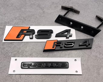 Audi RS4 SET Premium noir brillant \ orange RS4 et emblème Quattro, badge arrière, calandre, lot de 3 ABS de haute qualité, style OEM neuf