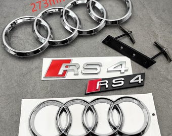 Audi RS4 SET Premium Chrome, anneaux avant de 273 mm, anneaux arrière de 192 mm et emblèmes de calandre et arrière RS4 Résistant aux intempéries New Look