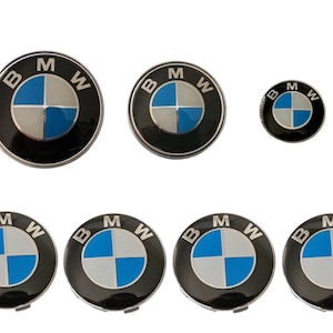 BMW Set 7pcs Emblems and Wheel Caps 82mm Front 74mm Rear 45mm Steering Wheel and 4x68mm Center Caps Badges New