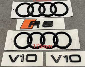 Kit de emblemas Audi R8 en negro brillante y naranja con aros delanteros de 175 mm y aros traseros de 192 mm, insignia trasera R8 y emblemas de guardabarros V10, 5 piezas, estilo OEM Premium
