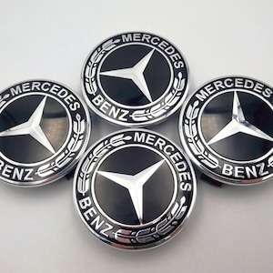 Mercedes-Benz Emblem 4x75mm Wheel Center Caps All Black Wreath Style Hub Caps Emblem Badge Replacement Set of 4 New
