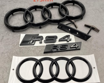 Audi RS4 SET Premium noir brillant emblème anneaux avant de 273 mm et anneaux arrière de 192 mm et emblèmes arrière et calandre RS4 Résistant aux intempéries New Look