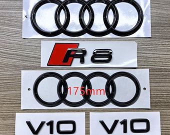 Kit de emblemas Audi R8 negro brillante rojo con aros delanteros de 175 mm y aros traseros de 192 mm, insignia trasera R8 y emblemas de guardabarros V10, 5 piezas, estilo OEM Premium