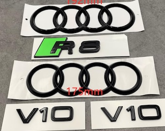 Kit de emblemas Audi R8 negro brillante y verde con aros delanteros de 175 mm y aros traseros de 192 mm, insignia trasera R8 y emblemas de guardabarros V10, 5 piezas, estilo OEM Premium