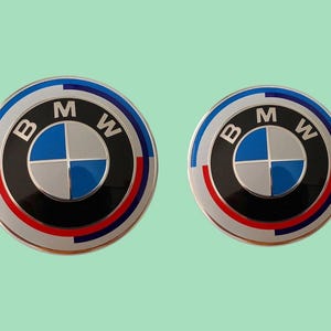BMW 2pcs 50th Anniversary 82mm Front and 74mm Rear Blue and White Badges Set of 2 Emblems New