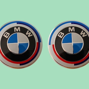 BMW 2pcs 50th Anniversary 82mm Front and 82mm Rear Blue and White Badges Set of 2 Emblems New