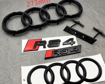 Audi RS4 SET Premium noir brillant \ rouge emblème anneaux avant de 273 mm et anneaux arrière de 192 mm et emblèmes arrière et calandre RS4 Résistant aux intempéries New Look