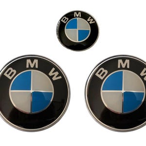 BMW 82mm Front Emblem 82mm Rear and 45mm Badge Set of 3 Steering Wheel Emblems Badges Blue and White New