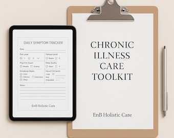 May include: A digital tablet displaying a "Daily Symptom Tracker" and a clipboard with "Chronic Illness Care Toolkit" text. A silver pen rests beside the clipboard. The tablet and clipboard are on a light beige surface.