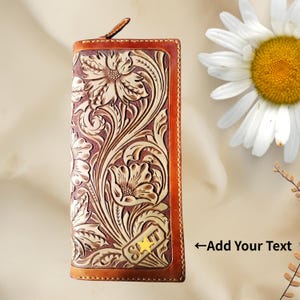 Handmade Leather Zip Wallet – Personalized Long Wallet, Custom Hand-Carved Cowhide, Zipper Clutch Purse, Unique Gift for Him or Her