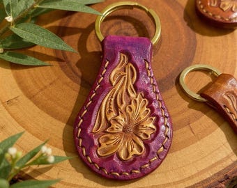 Handgeschnitzter Leder Schlüsselanhänger: Sheridan Floral, Custom Western Keyring