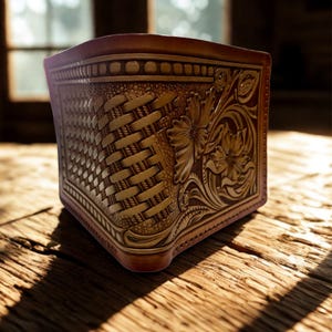 Puede incluir: Cartera de cuero marrón con intrincados diseños en relieve. Presenta un patrón tejido en un lado y detalles florales en el otro. Los bordes son redondeados, colocada sobre una superficie de madera.